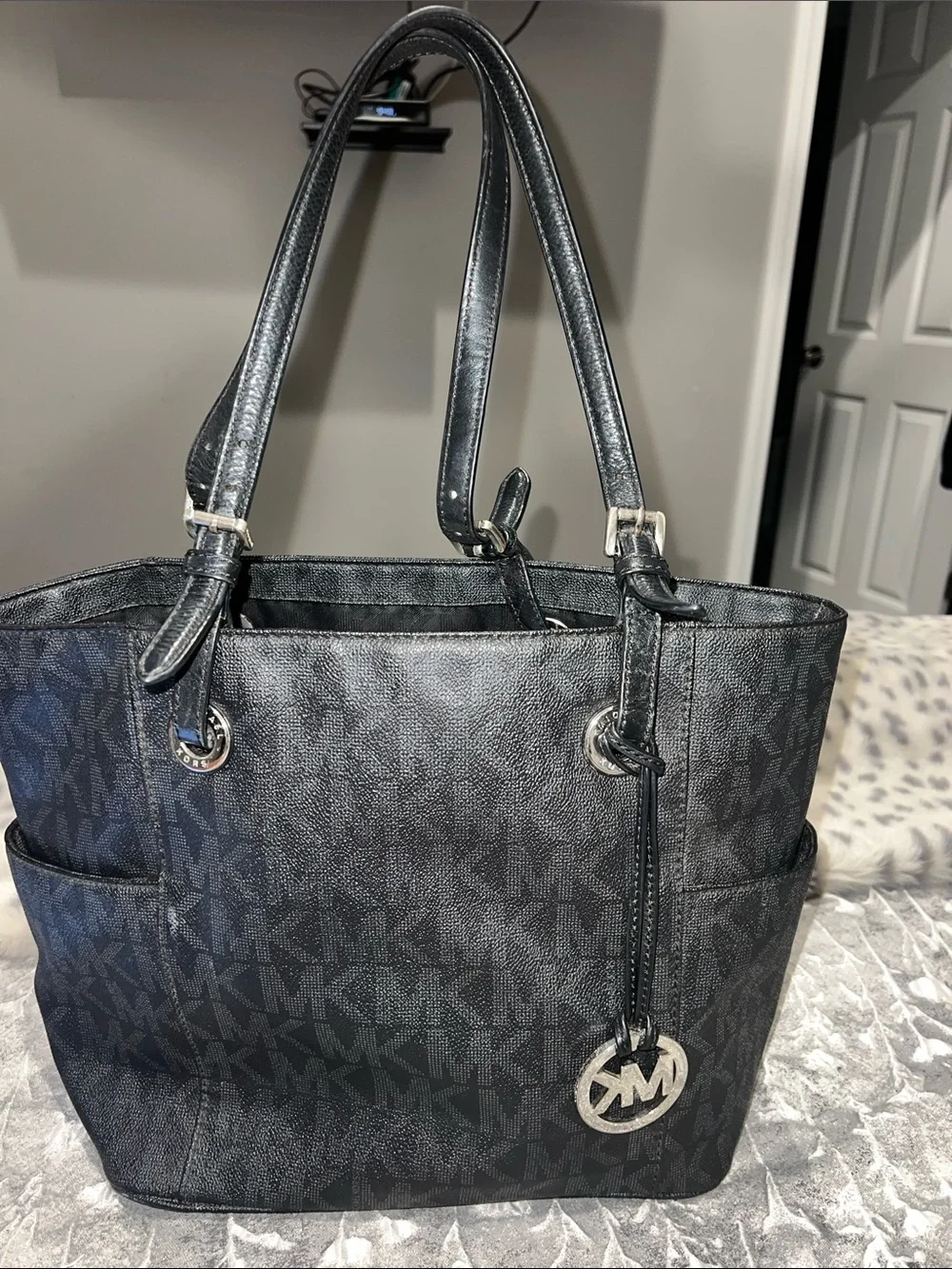 Michael Kors Black MK Monogram Tote with Silver Logo Charm